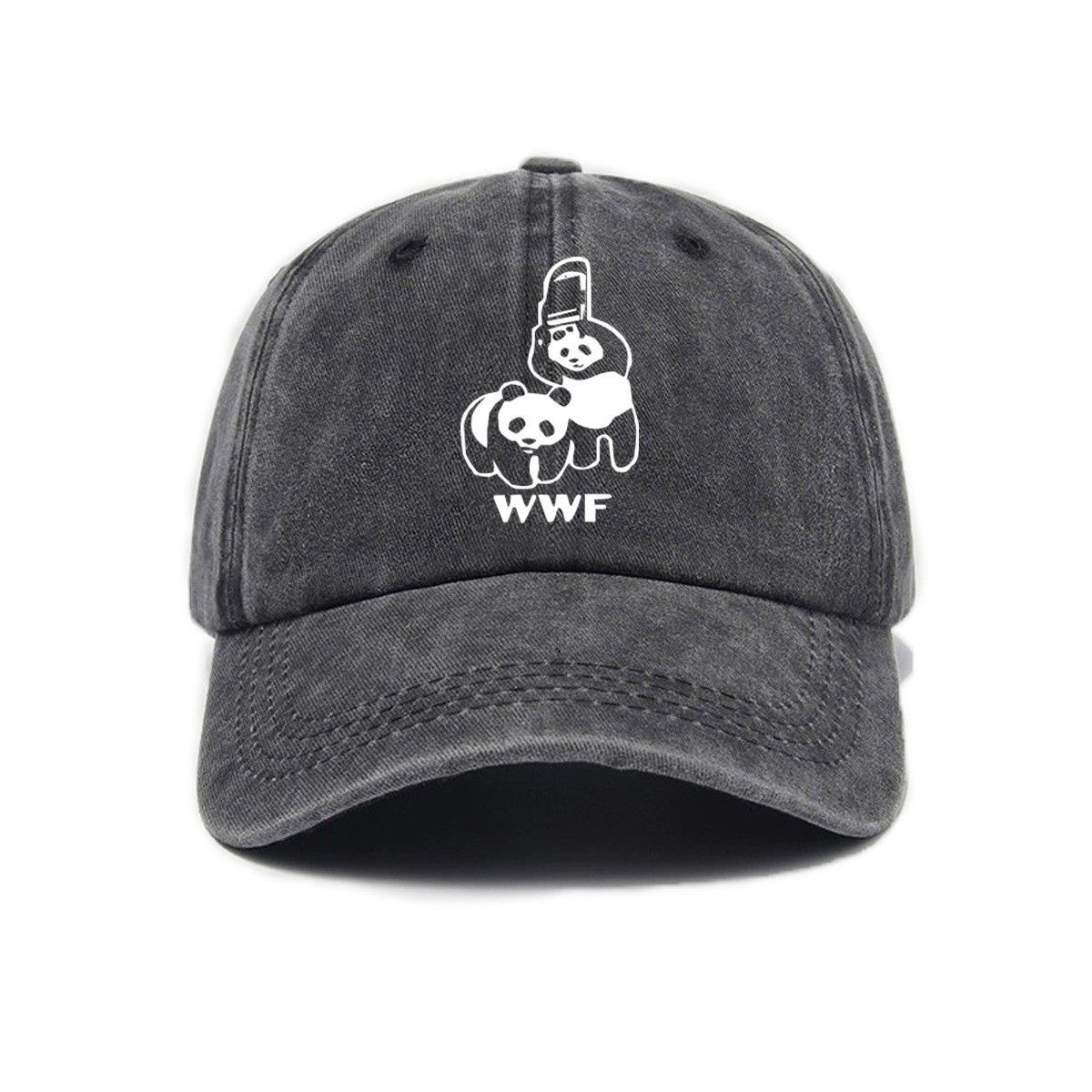 Black Vintage Washed Panda Print Baseball Cap - Adjustable Cotton Cap with