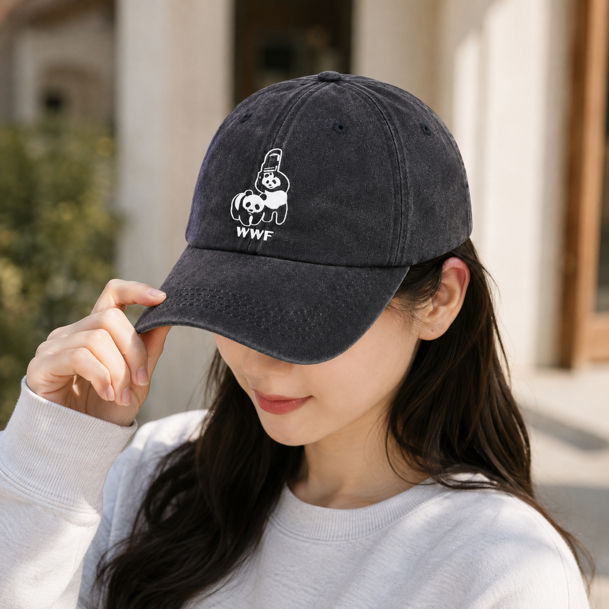 Black Vintage Washed Panda Print Baseball Cap - Adjustable Cotton Cap with view 2