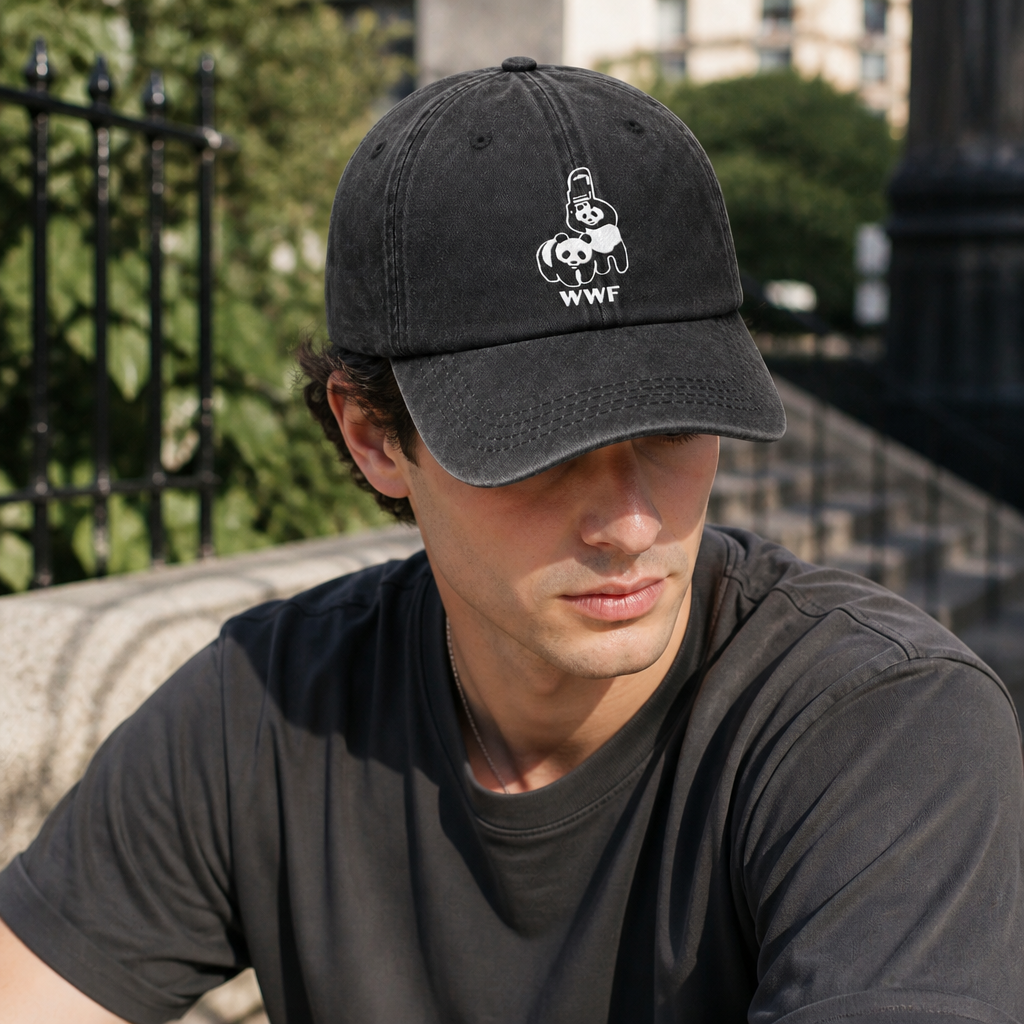 Black Vintage Washed Panda Print Baseball Cap - Adjustable Cotton Cap with view 3
