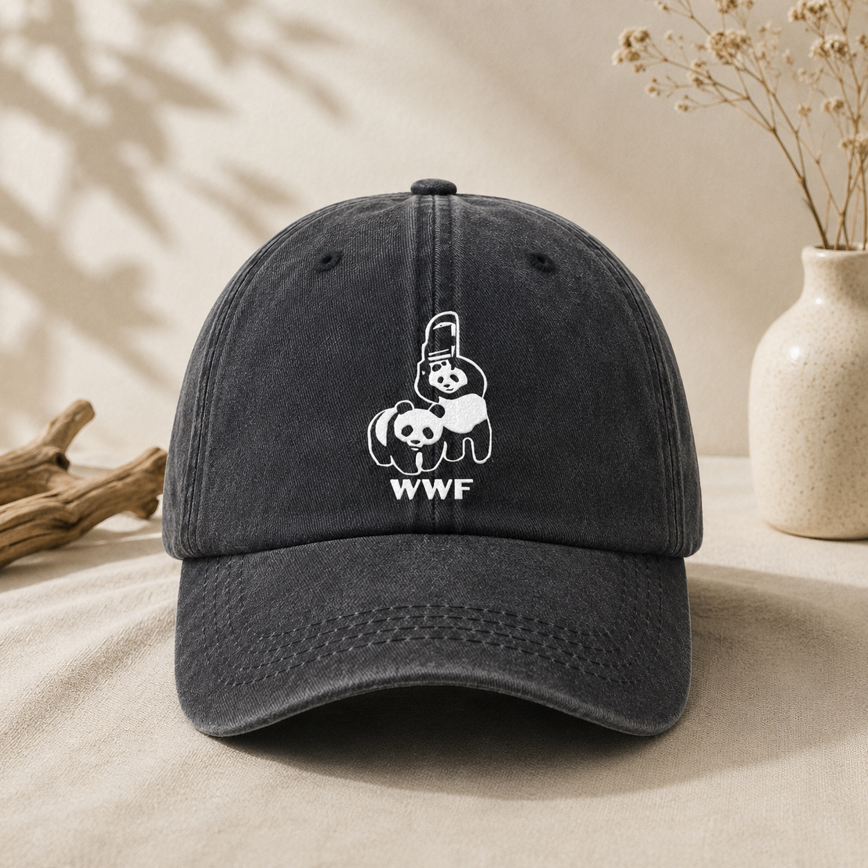 Black Vintage Washed Panda Print Baseball Cap - Adjustable Cotton Cap with view 4
