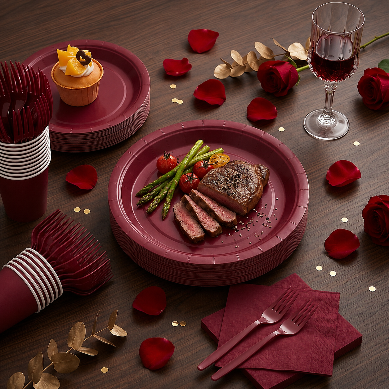 25 Guest Deep Red Disposable Tableware Set - 9 Inch and 7 Inch Paper Plates view 2