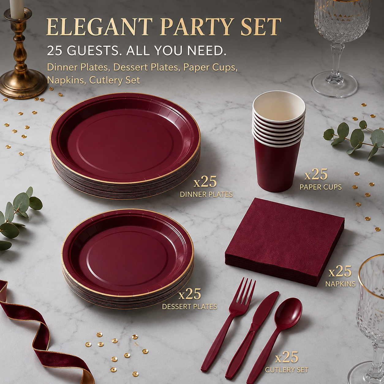 25 Guest Deep Red Disposable Tableware Set - 9 Inch and 7 Inch Paper Plates view 4