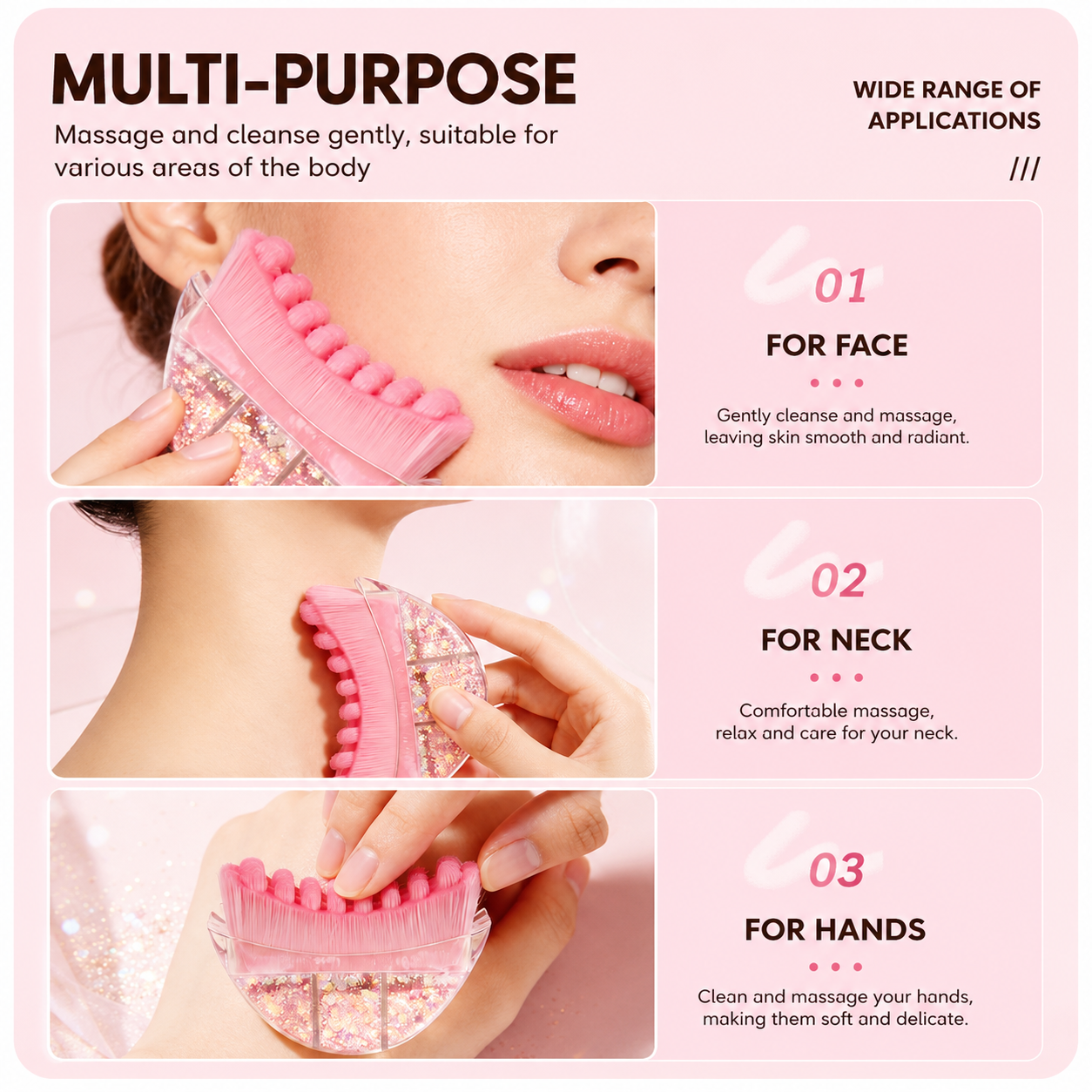 Yellow Glitter Facial Contour Massage Brush(Size) - Ergonomic Crescent Shape view 4