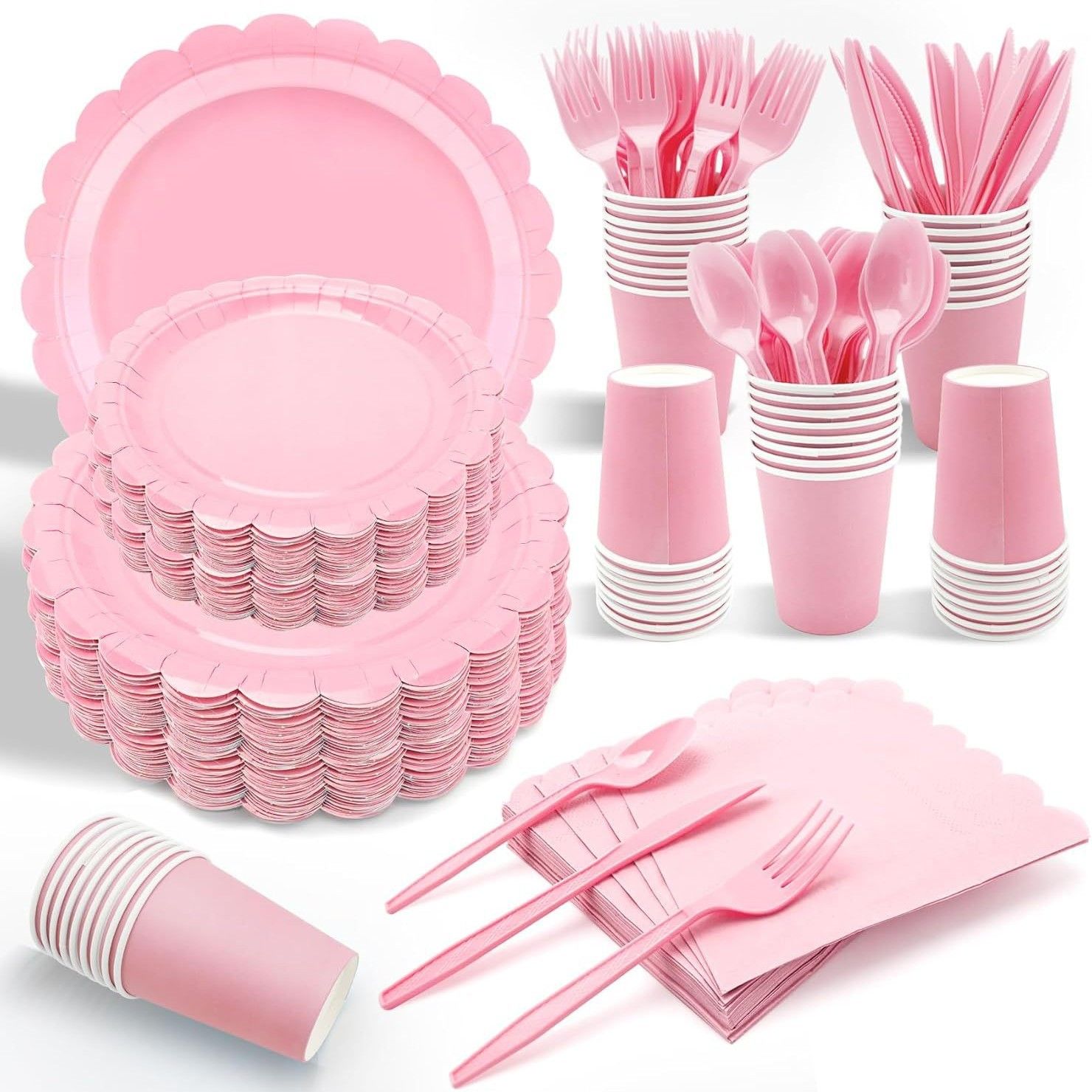 Pink Scalloped Edge Disposable Party Tableware Set - 175 Pieces for 25 Guests