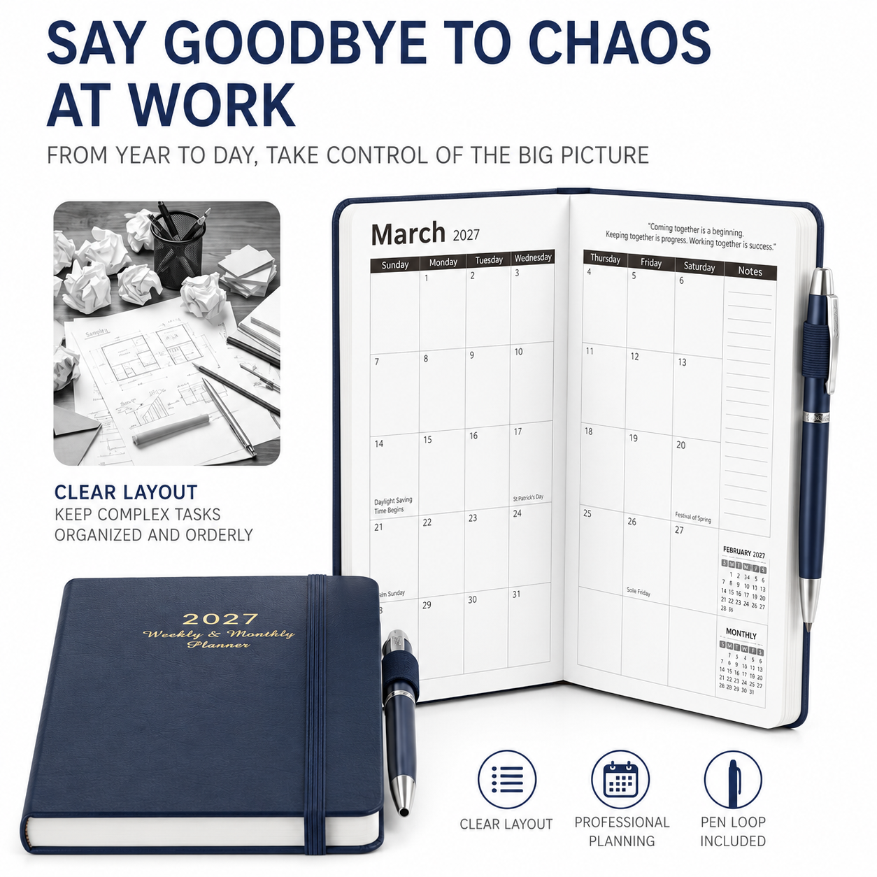 2027 Dark Blue Weekly & Monthly Planner - Compact 18 x 10 cm English Schedule Book view 2