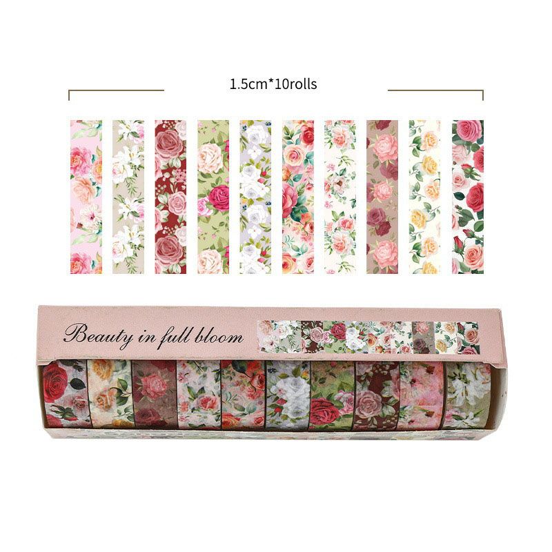 10-Roll Floral Washi Tape Set (Style 1) - 15 mm x 2 m Decorative Flower