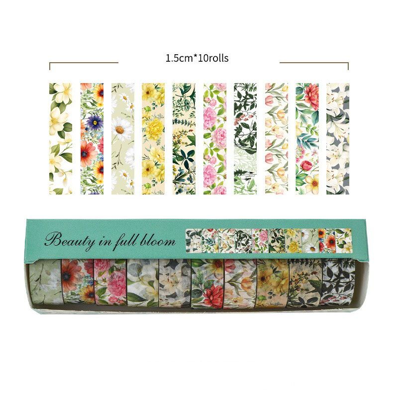 10-Roll Floral Washi Tape Set (Style 2) - 15 mm x 2 m Decorative Flower