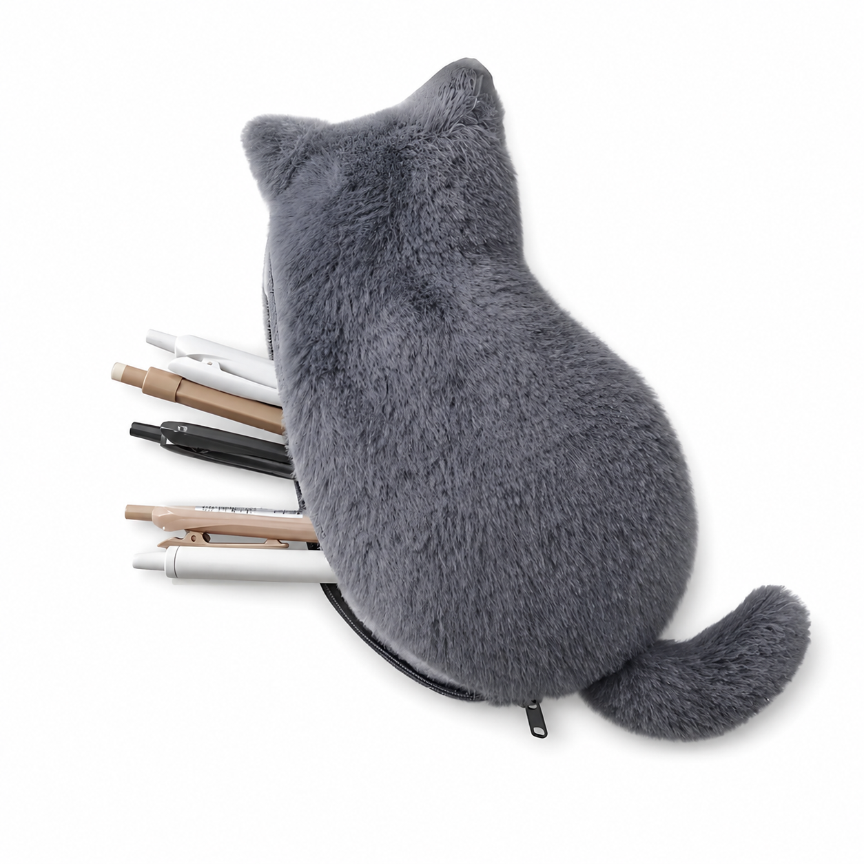 Gray Plush Cat Pencil Case - Soft Furry Cat-Shaped Zipper Pouch with Tail