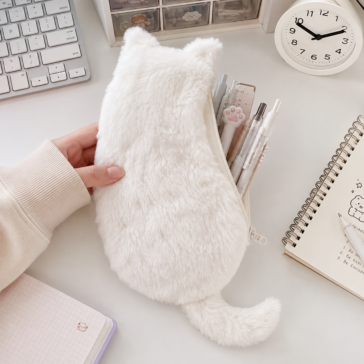 White Plush Cat Pencil Case - Soft Furry Cat-Shaped Zipper Pouch with Tail view 2