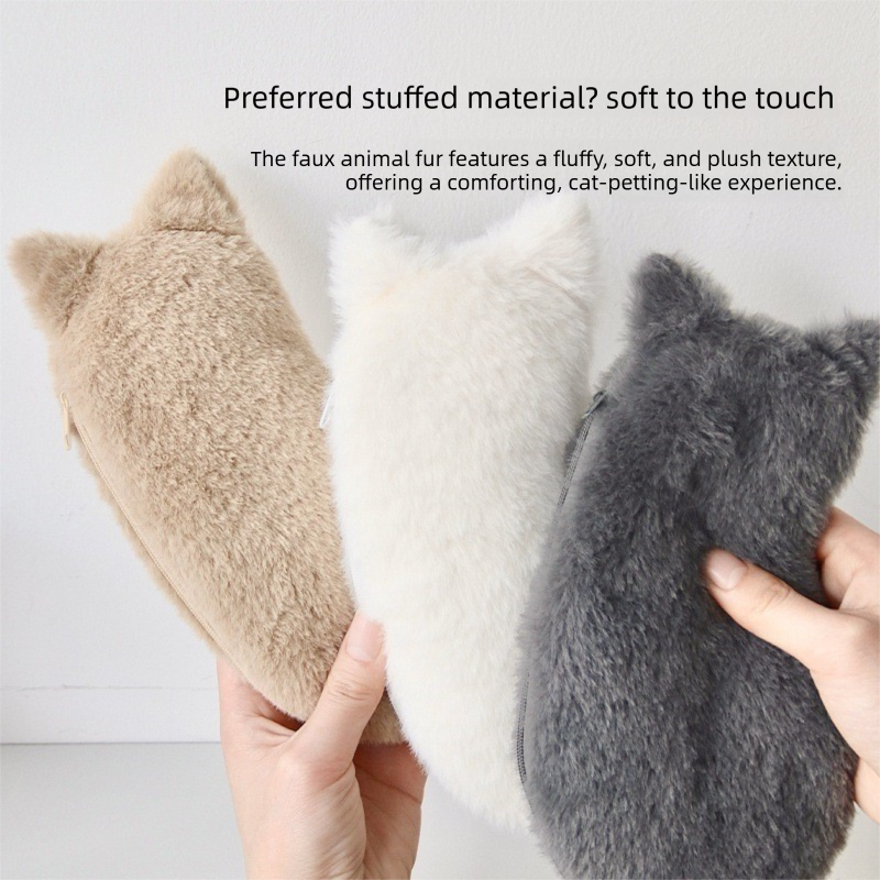 White Plush Cat Pencil Case - Soft Furry Cat-Shaped Zipper Pouch with Tail view 4
