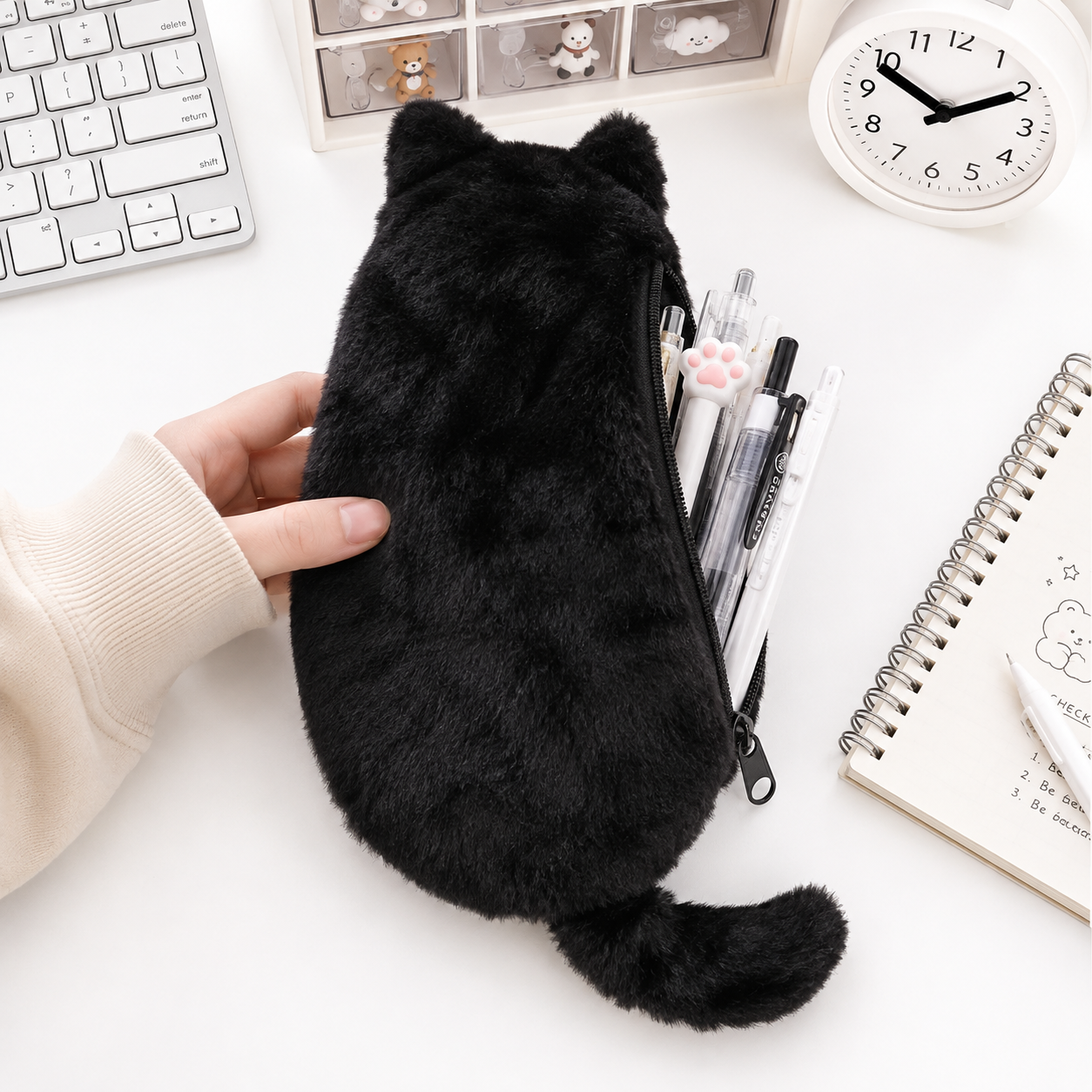 Black Plush Cat Pencil Case - Soft Furry Cat-Shaped Zipper Pouch with Tail view 2