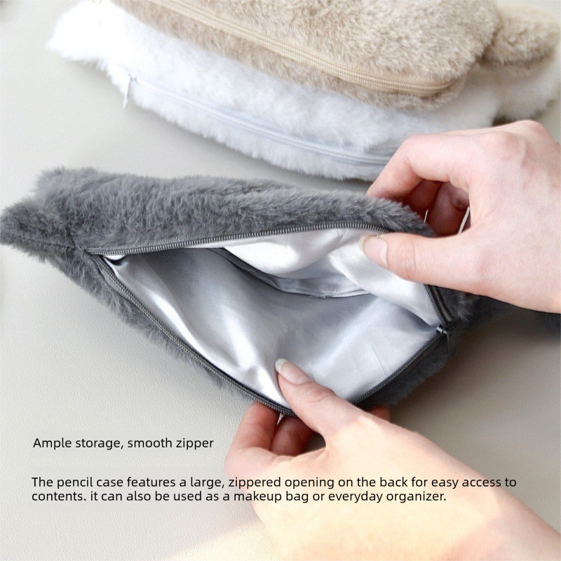 Black Plush Cat Pencil Case - Soft Furry Cat-Shaped Zipper Pouch with Tail view 5