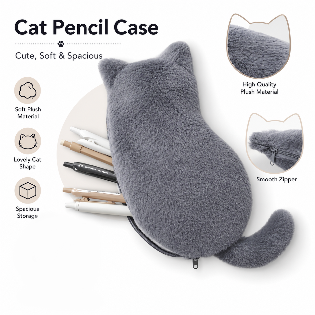 Khaki Plush Cat Pencil Case - Soft Furry Cat-Shaped Zipper Pouch with Tail view 3