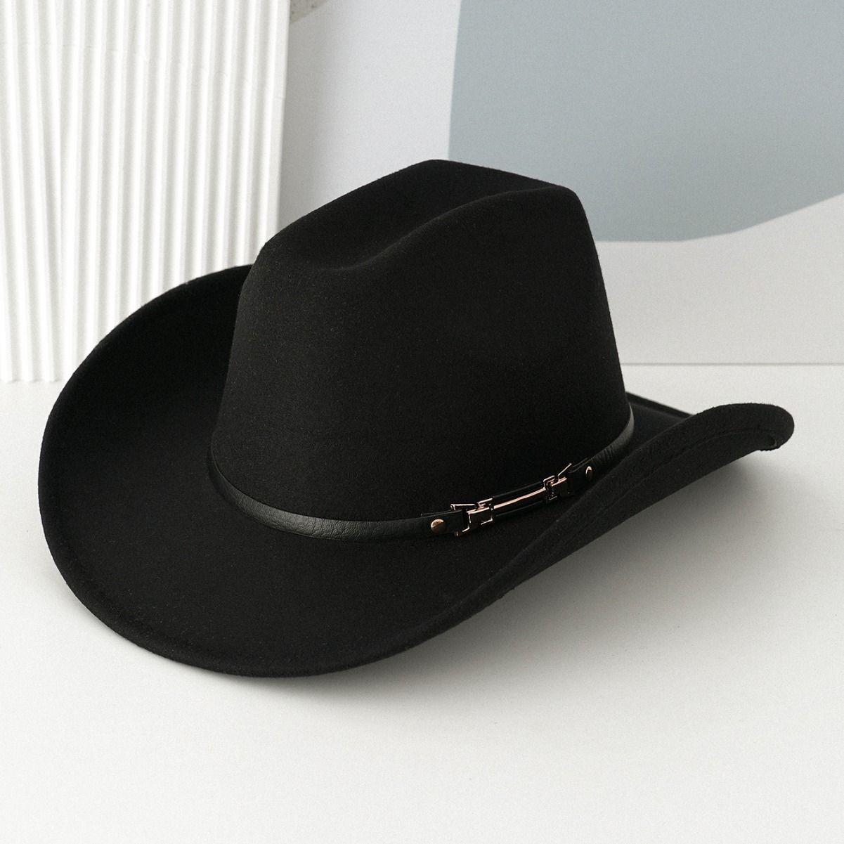 Western Cowboy Hat - Black Wide Brim Cowboy Hat with Leather-Look Band