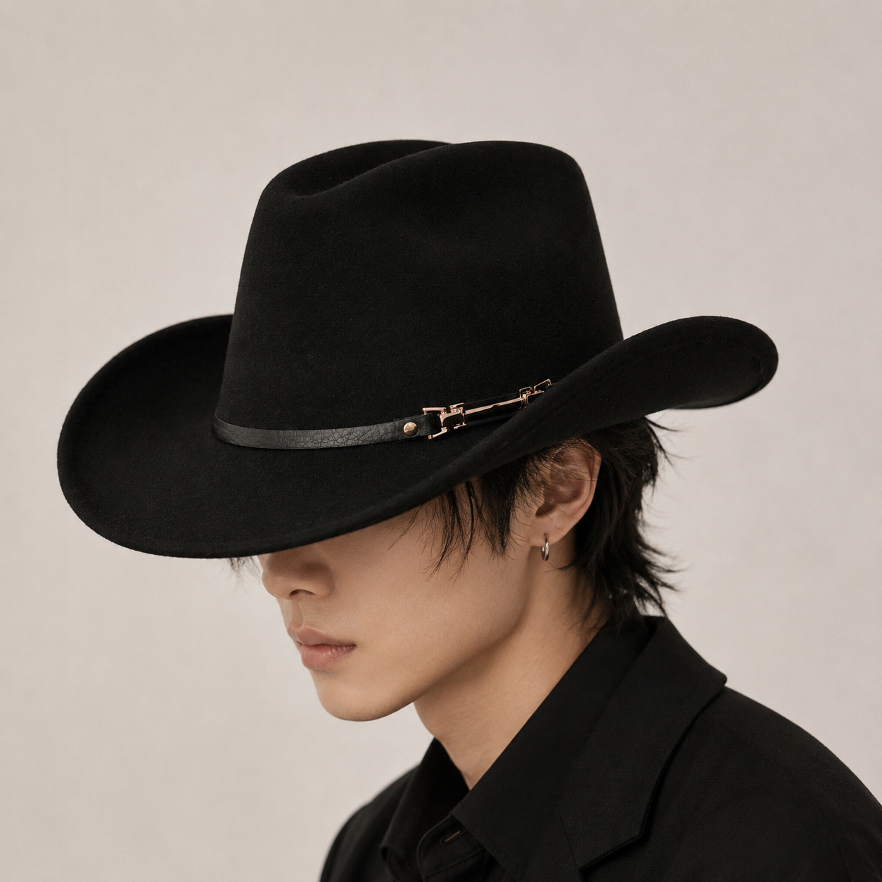 Western Cowboy Hat - Black Wide Brim Cowboy Hat with Leather-Look Band view 2