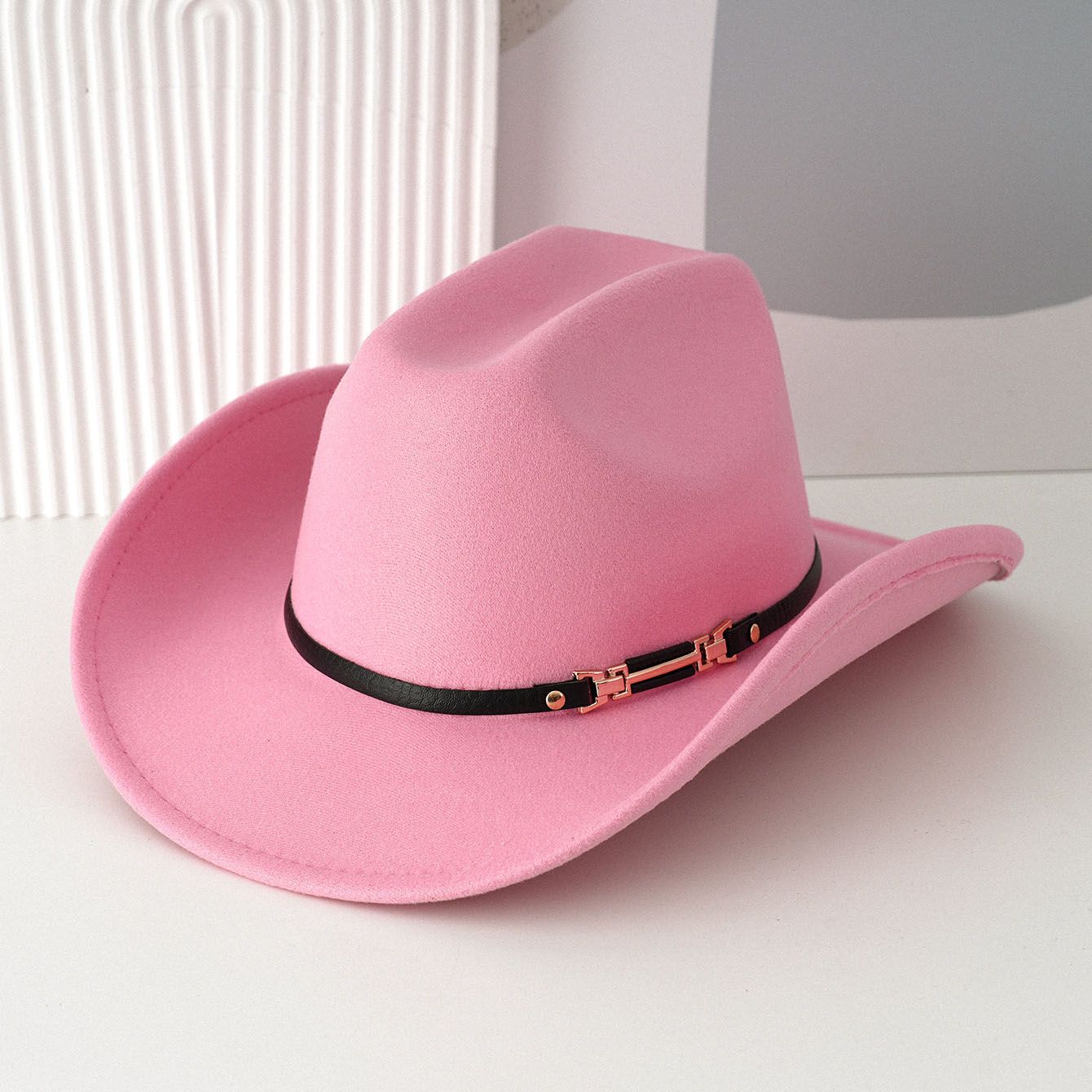 Western Cowboy Hat - Pink Wide Brim Cowboy Hat with Leather-Look Band