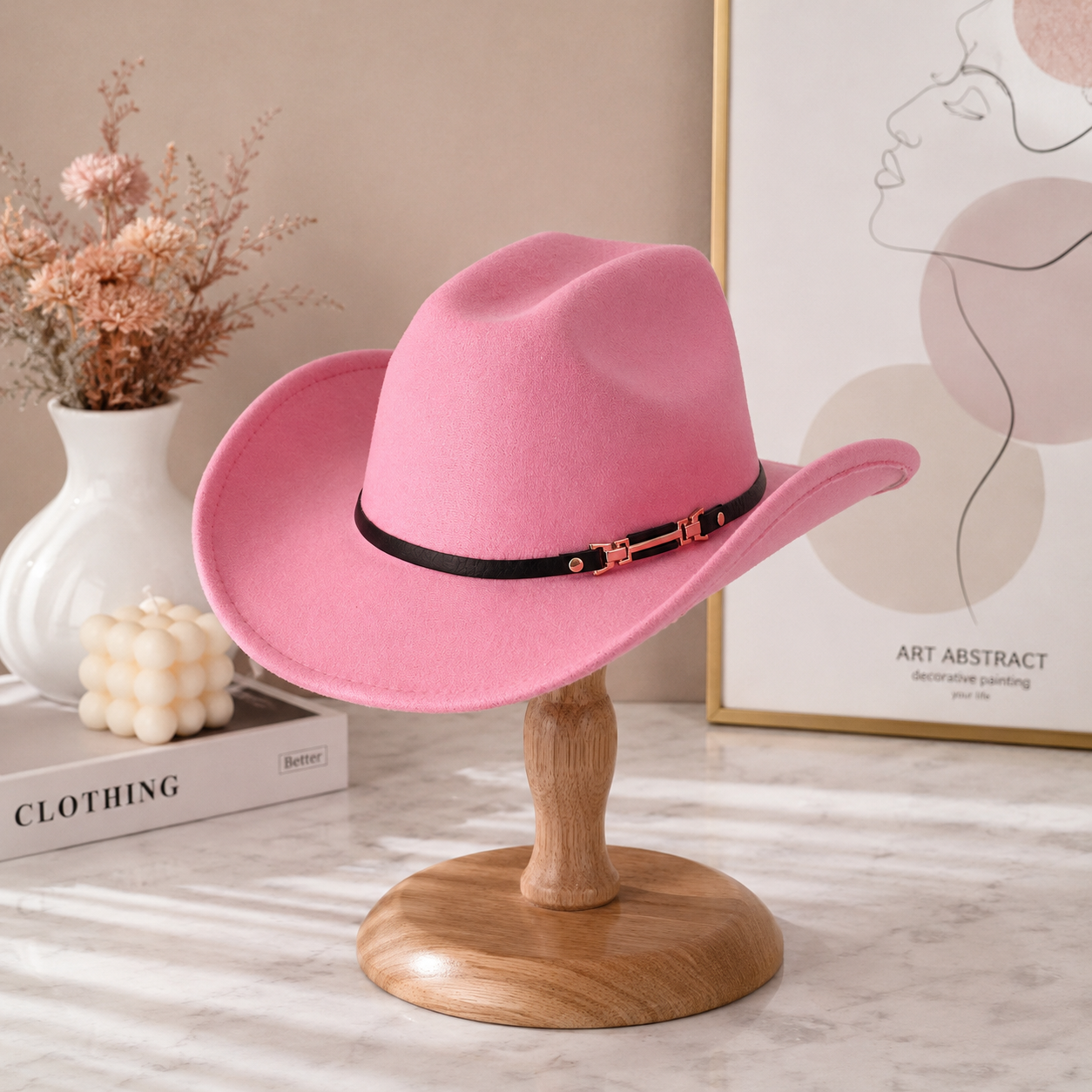 Western Cowboy Hat - Pink Wide Brim Cowboy Hat with Leather-Look Band view 2