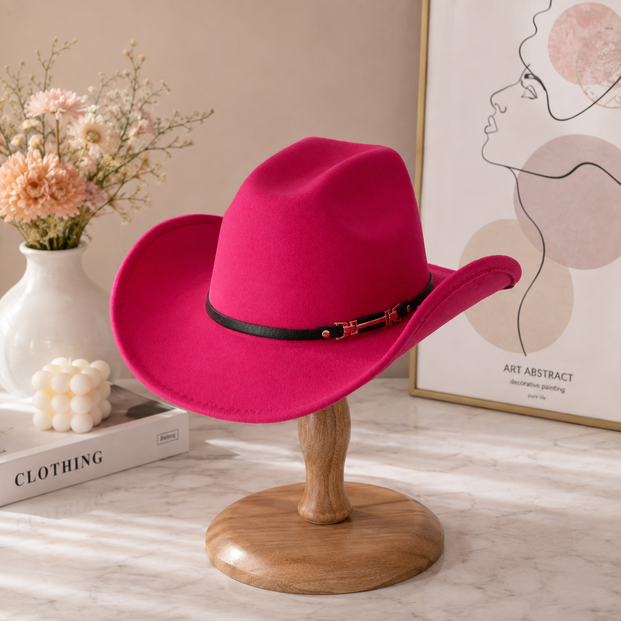 Western Cowboy Hat - Rose red Wide Brim Cowboy Hat with Leather-Look Band view 2