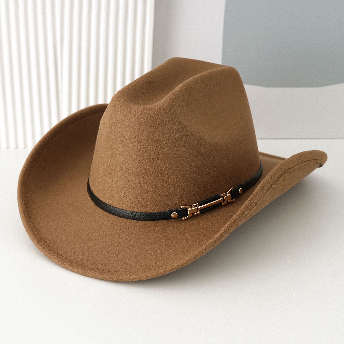 Western Cowboy Hat - Brown Wide Brim Cowboy Hat with Leather-Look Band