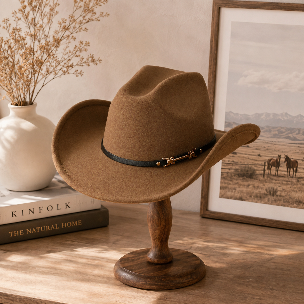 Western Cowboy Hat - Brown Wide Brim Cowboy Hat with Leather-Look Band view 2