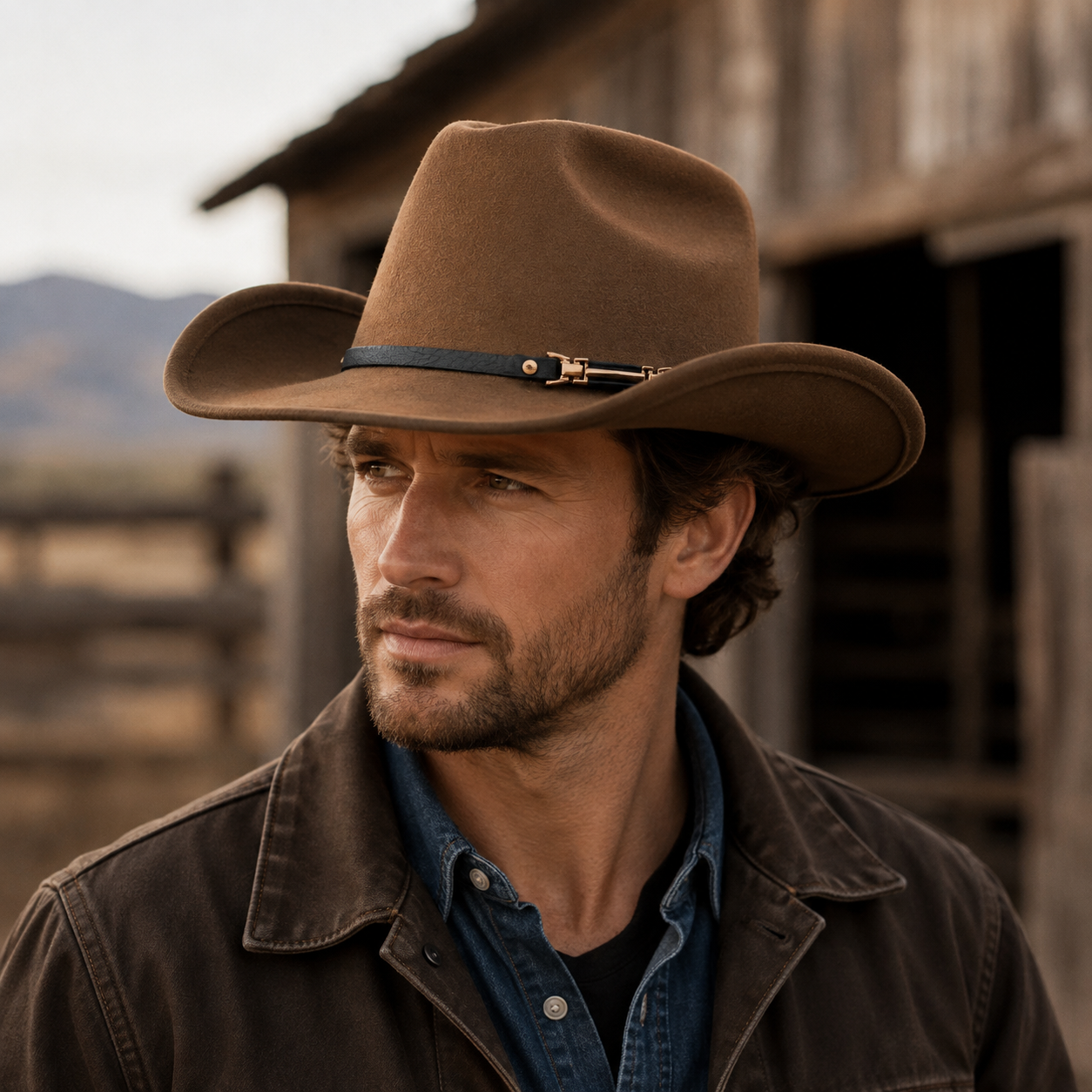Western Cowboy Hat - Brown Wide Brim Cowboy Hat with Leather-Look Band view 3