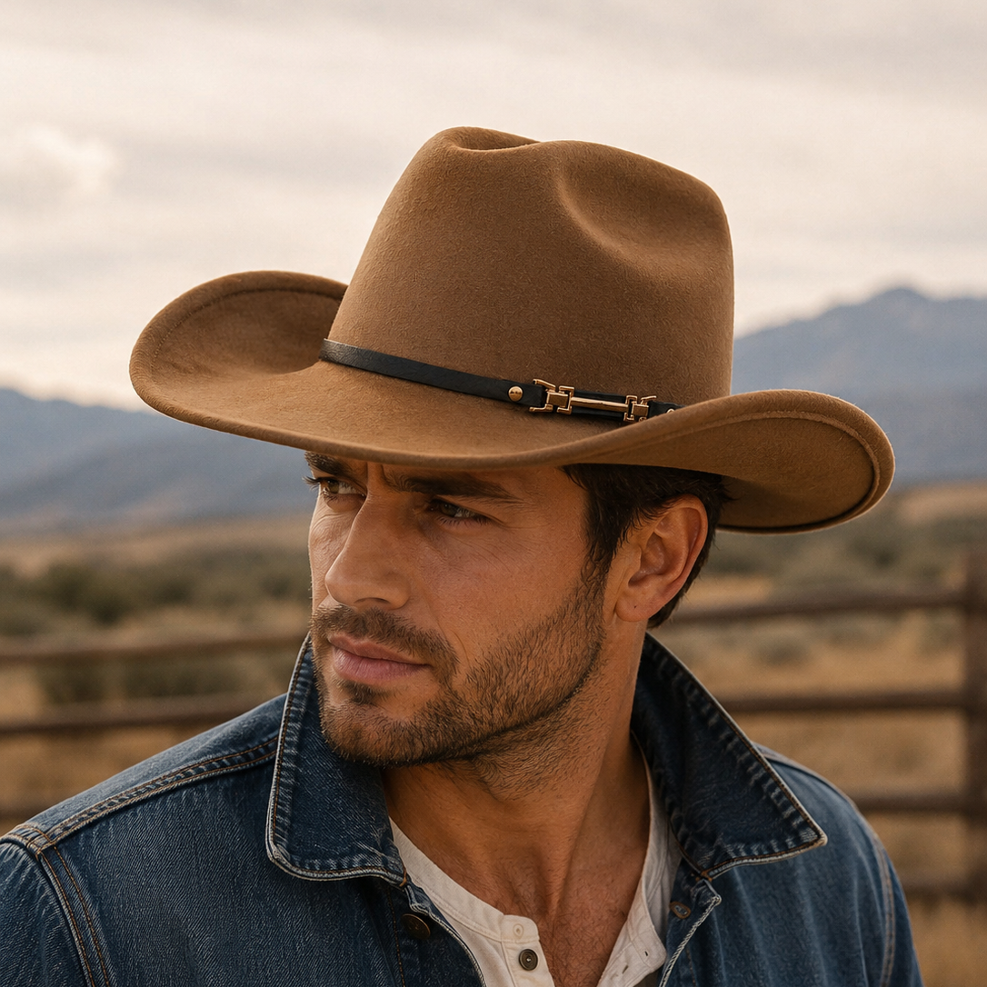 Western Cowboy Hat - Brown Wide Brim Cowboy Hat with Leather-Look Band view 4
