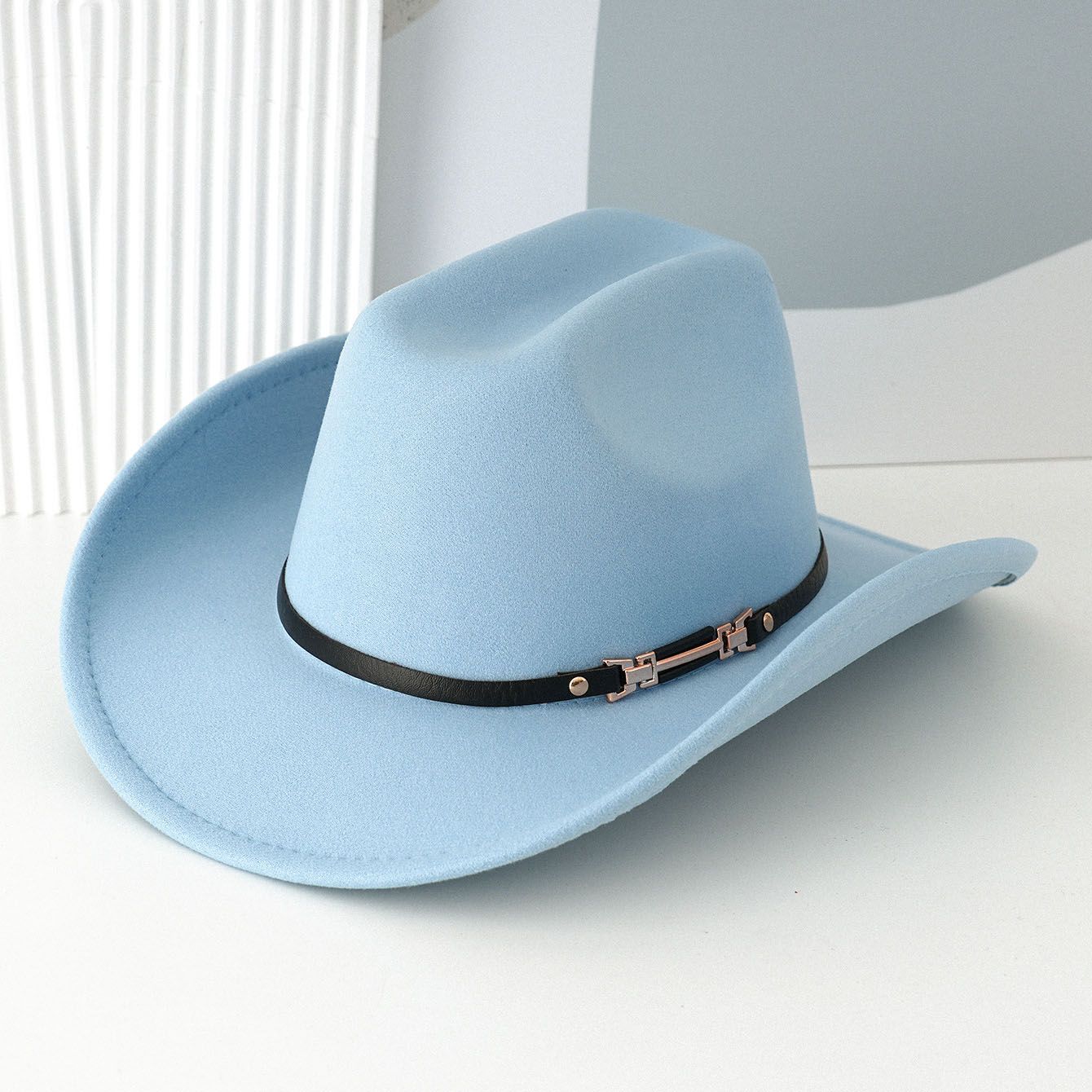 Western Cowboy Hat - Sky Blue Wide Brim Cowboy Hat with Leather-Look Band