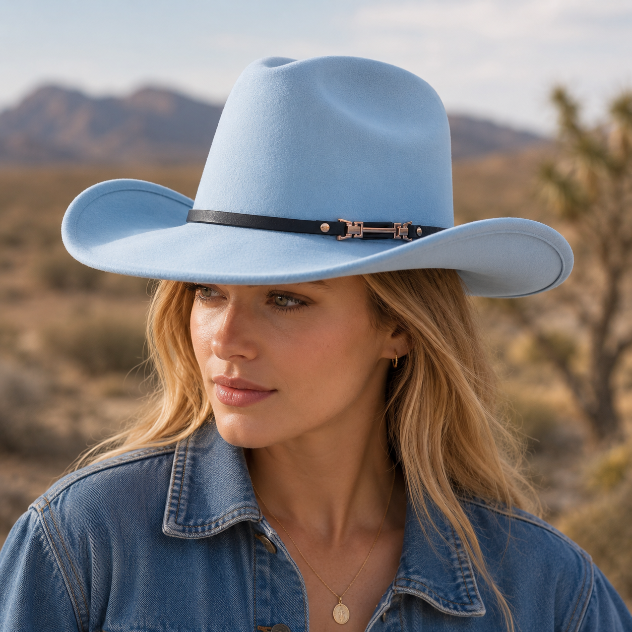 Western Cowboy Hat - Sky Blue Wide Brim Cowboy Hat with Leather-Look Band view 2
