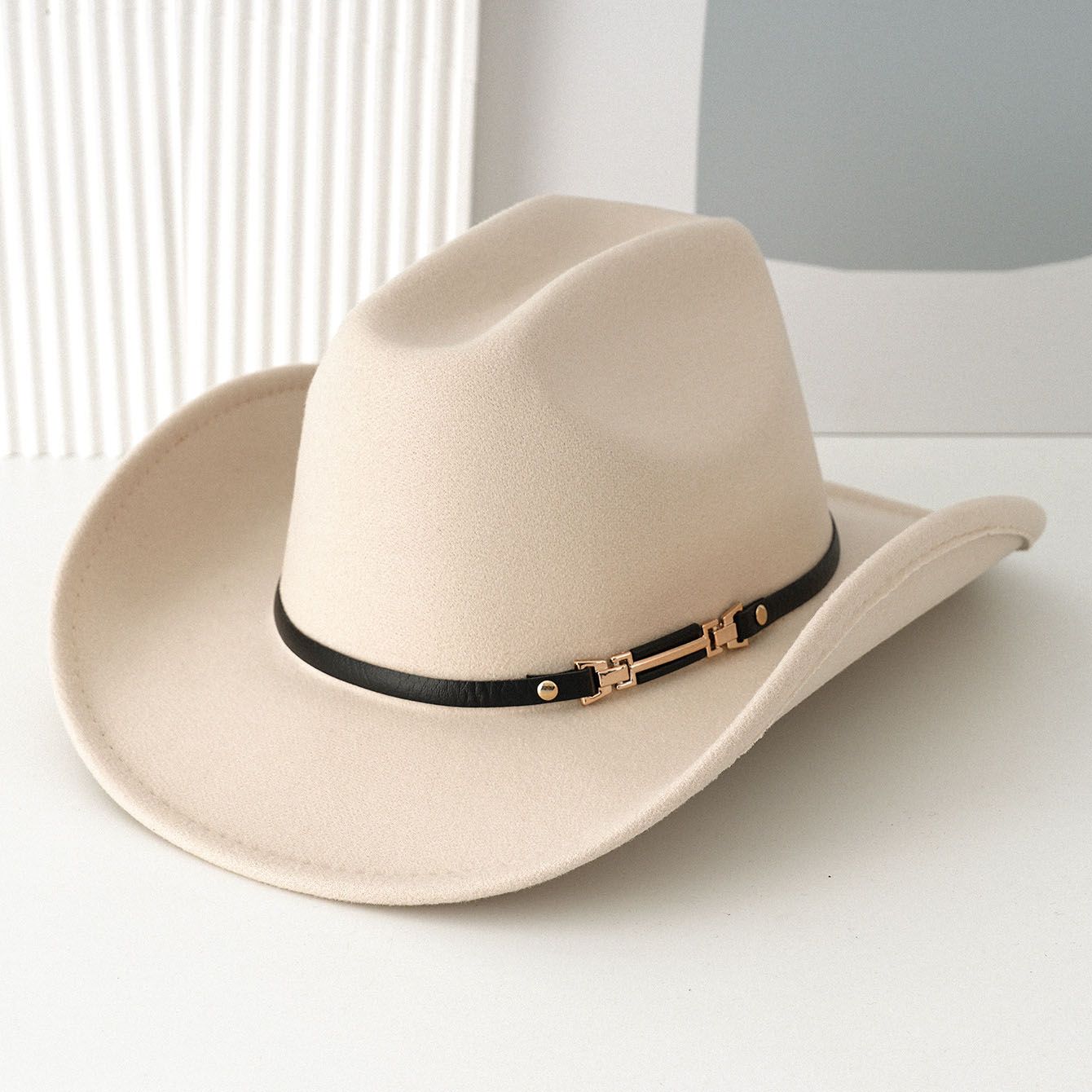 Western Cowboy Hat - Beige Wide Brim Cowboy Hat with Leather-Look Band