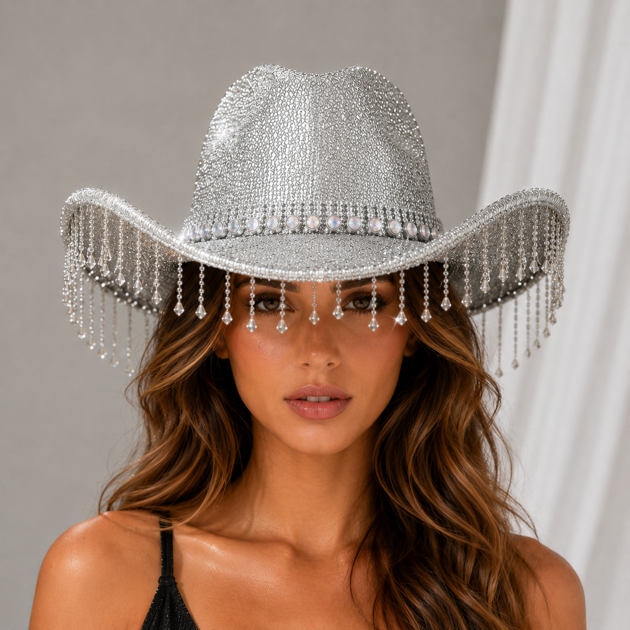 Silver Rhinestone Fringe Cowboy Hat - Sparkling Western Party Hat with Round view 4