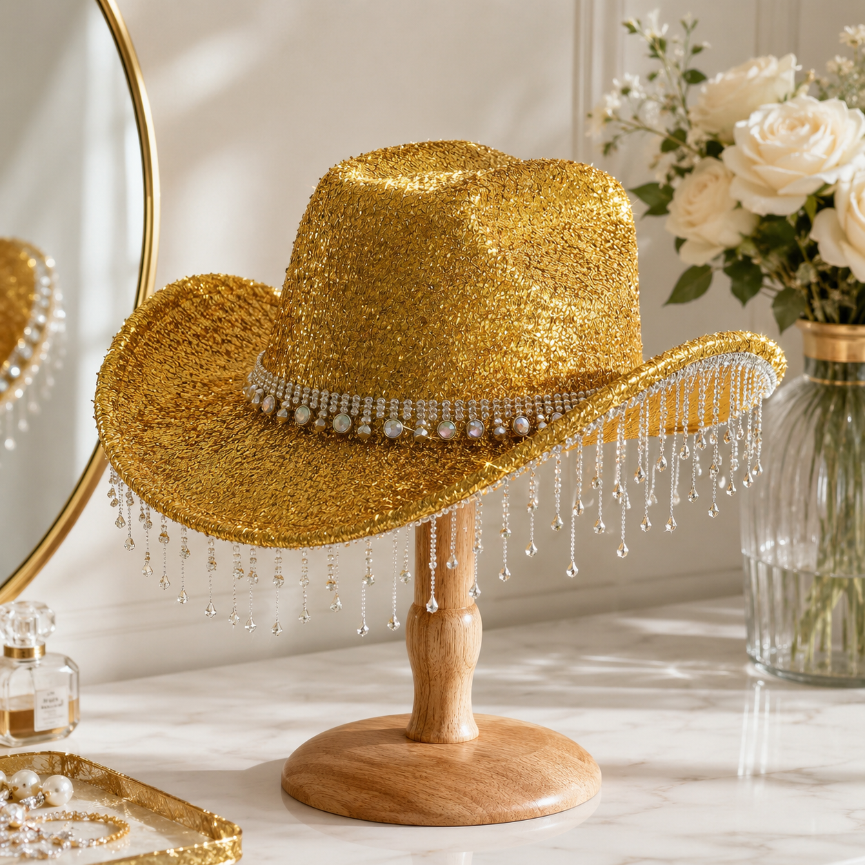 Gold Rhinestone Fringe Cowboy Hat - Sparkling Western Party Hat with Round view 2