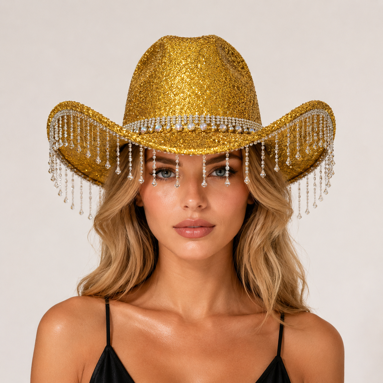 Gold Rhinestone Fringe Cowboy Hat - Sparkling Western Party Hat with Round view 4