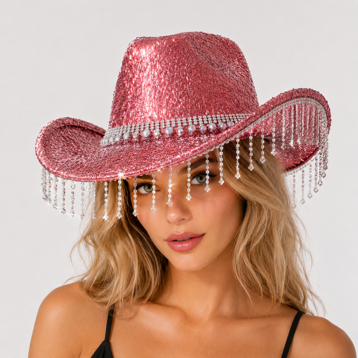 Pink Rhinestone Fringe Cowboy Hat - Sparkling Western Party Hat with Round view 2