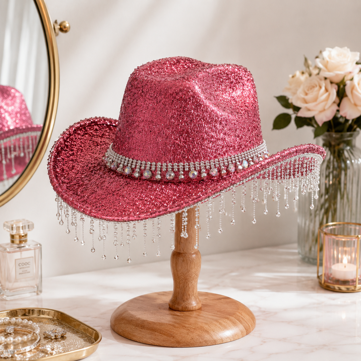 Pink Rhinestone Fringe Cowboy Hat - Sparkling Western Party Hat with Round view 4