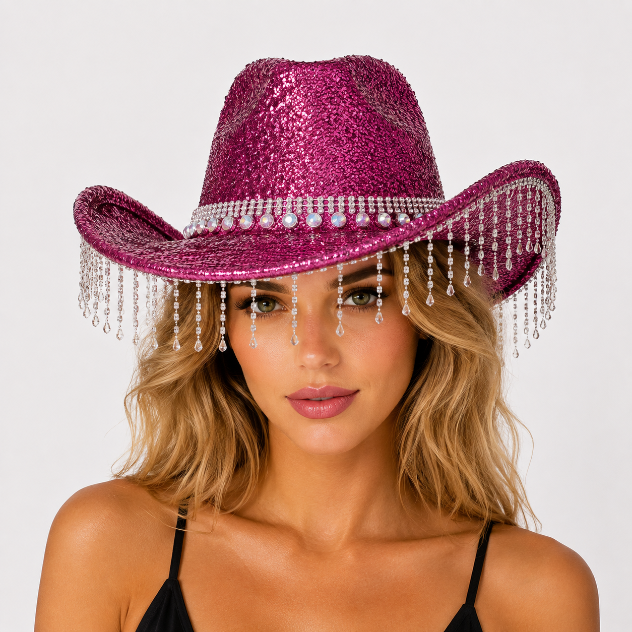 Rose Red Rhinestone Fringe Cowboy Hat - Sparkling Western Party Hat with Round view 3