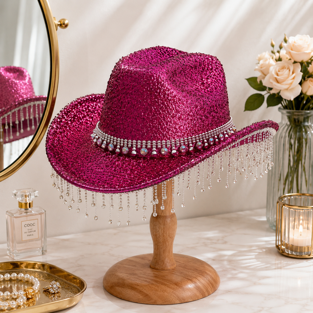Rose Red Rhinestone Fringe Cowboy Hat - Sparkling Western Party Hat with Round view 4