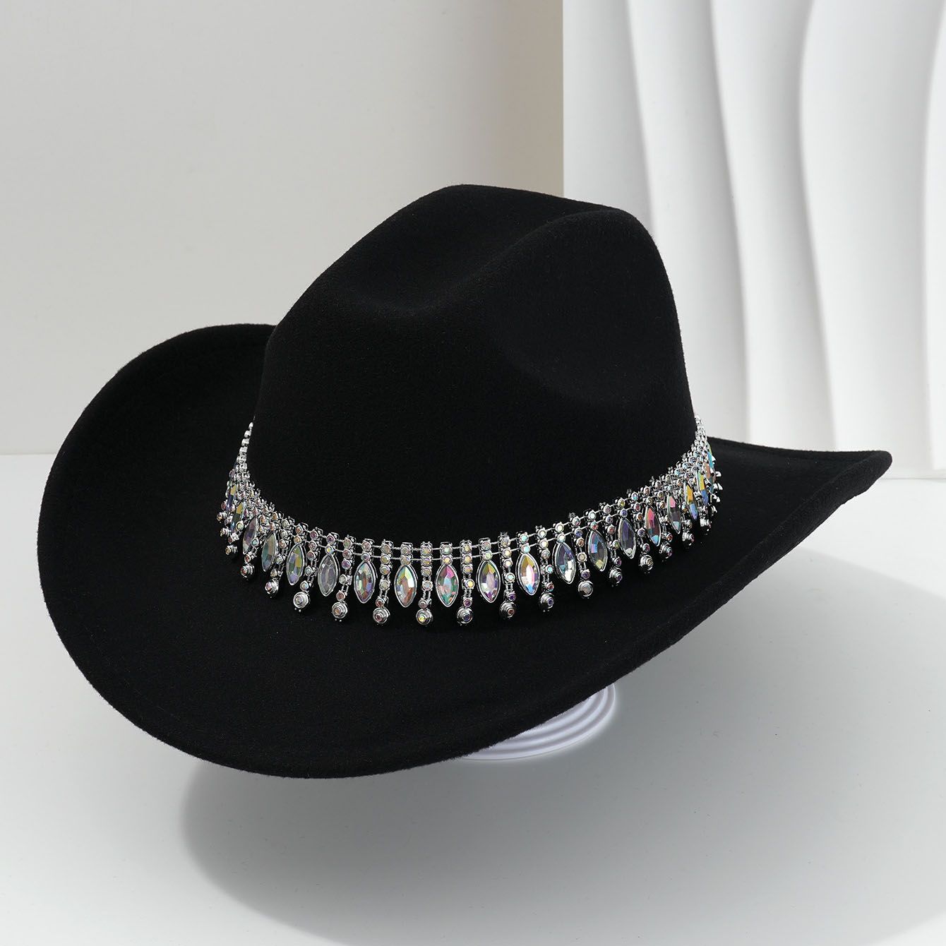 Rhinestone Cowboy Hat - Black Western Hat with Iridescent Gemstone Fringe Band