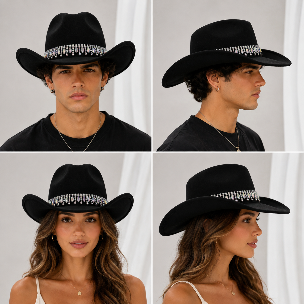 Rhinestone Cowboy Hat - Black Western Hat with Iridescent Gemstone Fringe Band view 2