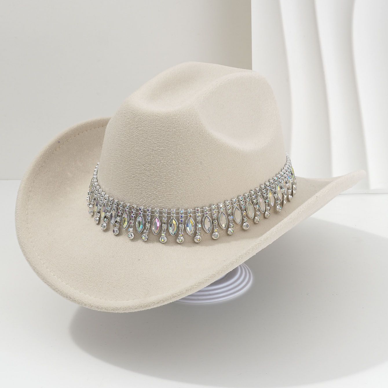 Rhinestone Cowboy Hat - Beige Western Hat with Iridescent Gemstone Fringe Band