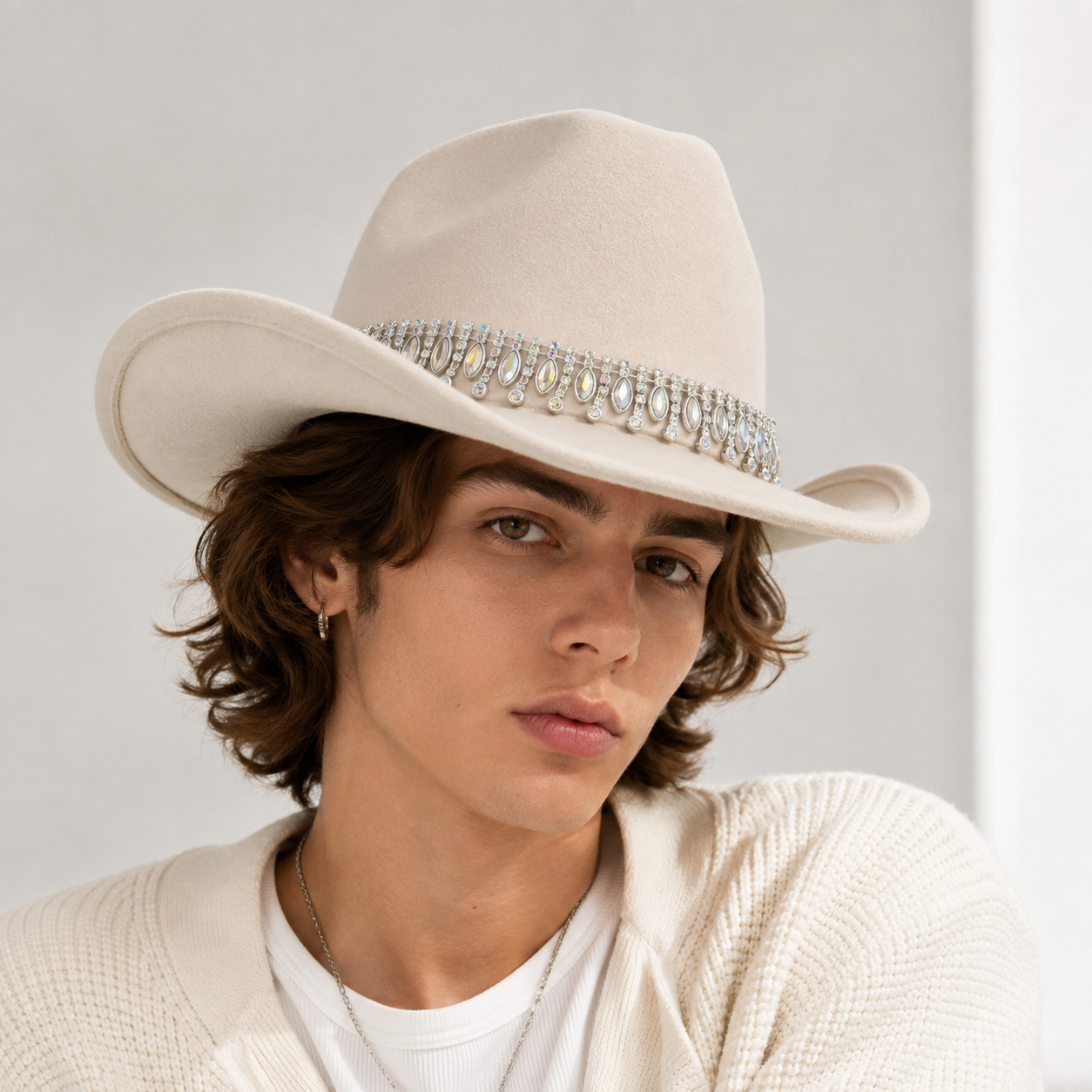 Rhinestone Cowboy Hat - Beige Western Hat with Iridescent Gemstone Fringe Band view 3