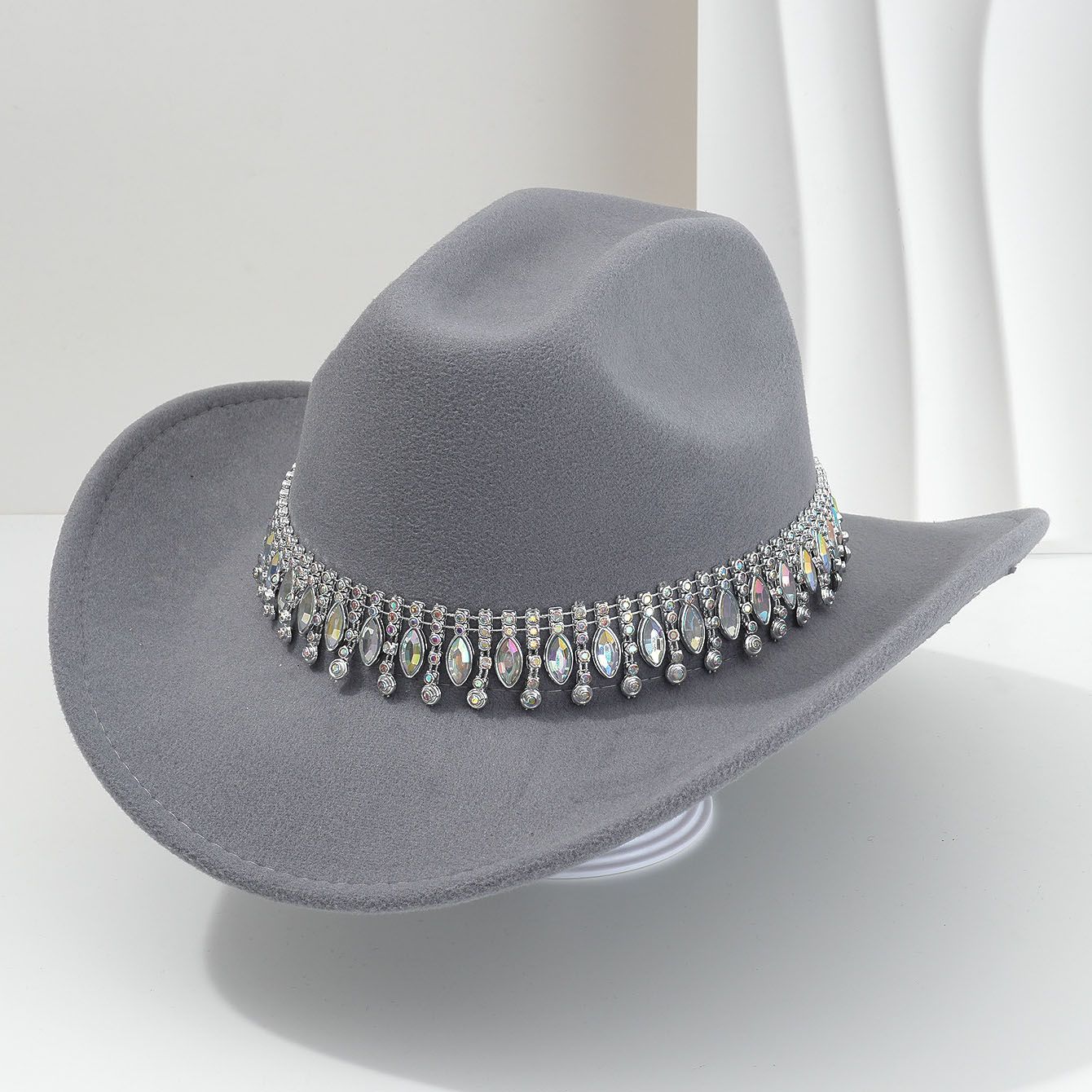 Rhinestone Cowboy Hat - Gray Western Hat with Iridescent Gemstone Fringe Band
