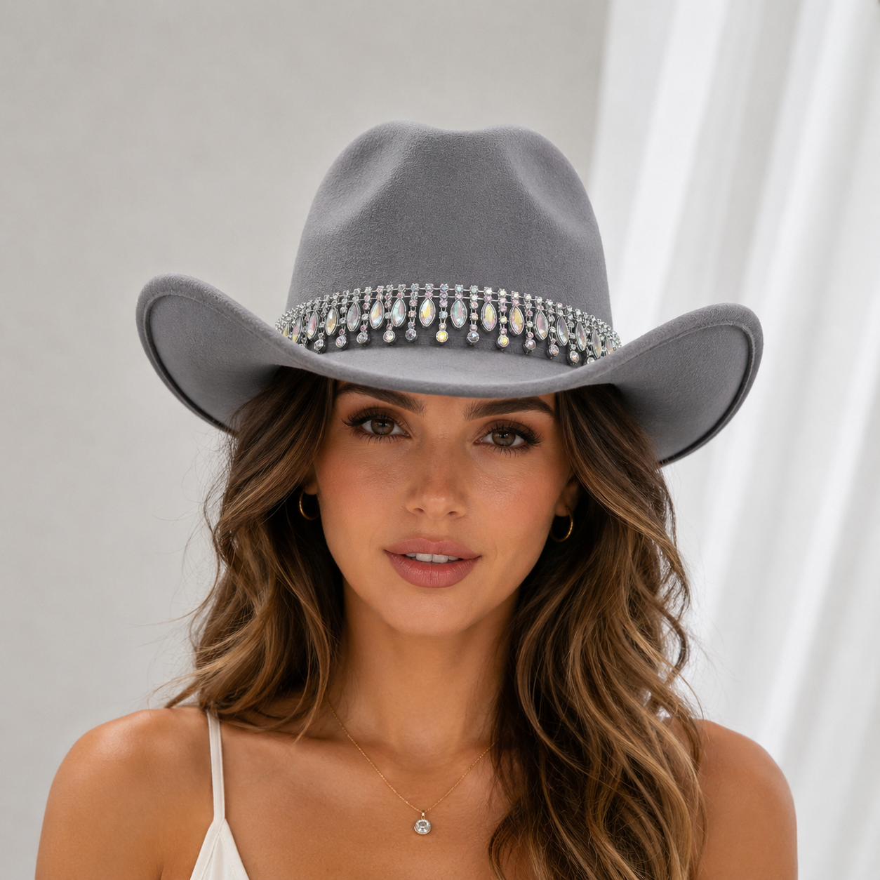 Rhinestone Cowboy Hat - Gray Western Hat with Iridescent Gemstone Fringe Band view 2