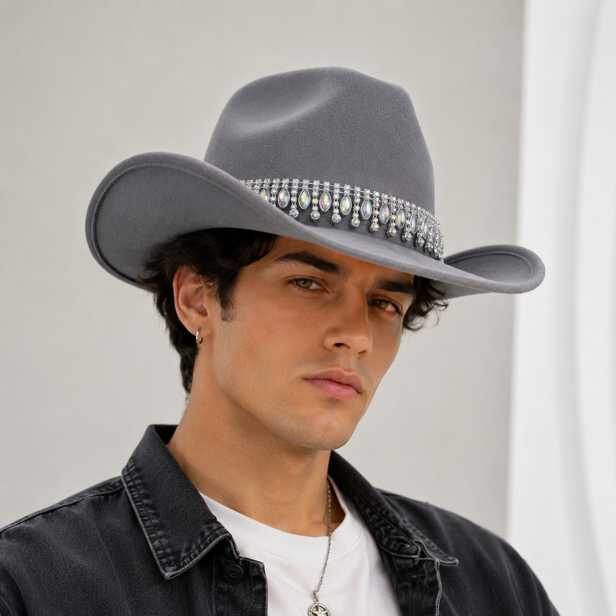 Rhinestone Cowboy Hat - Gray Western Hat with Iridescent Gemstone Fringe Band view 3