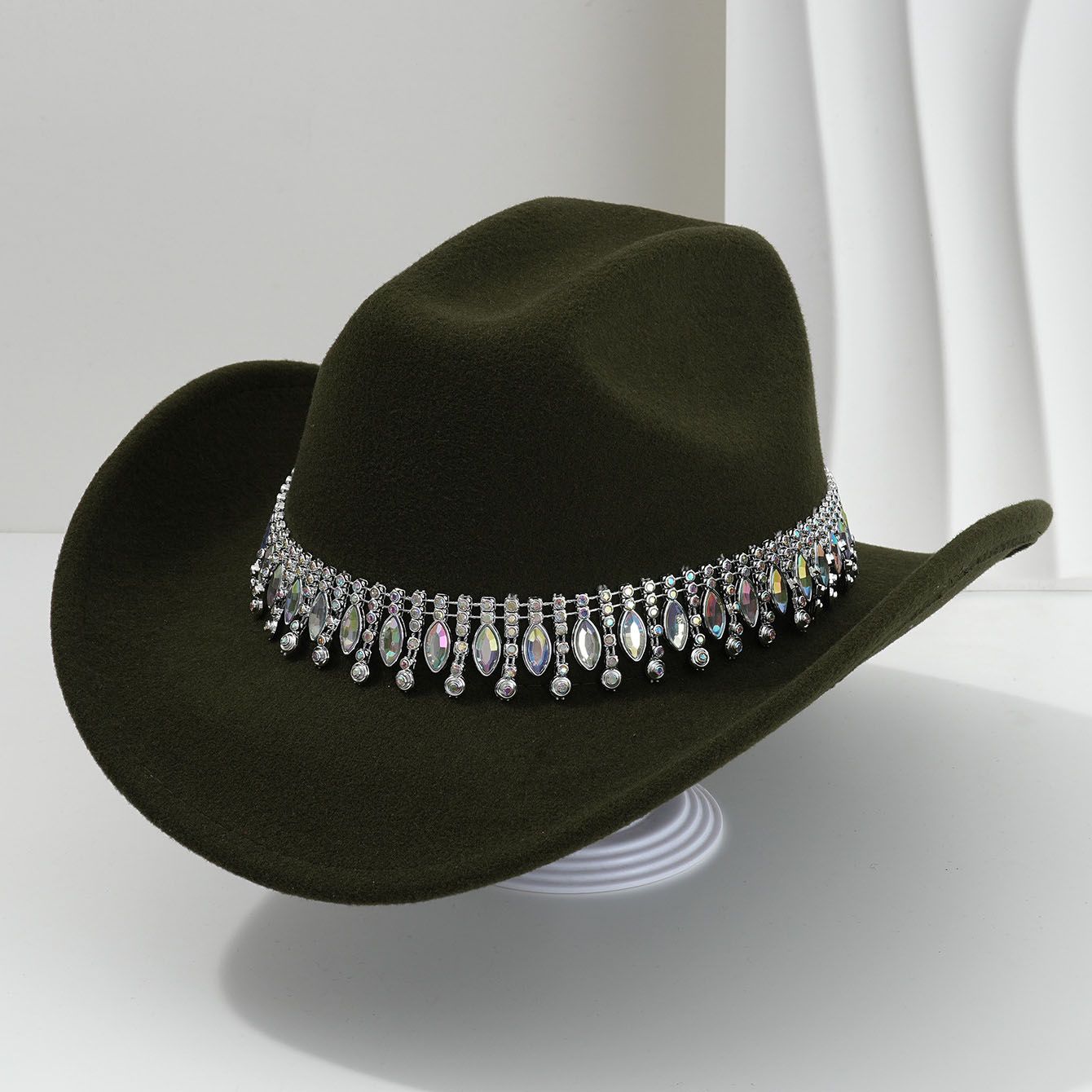 Rhinestone Cowboy Hat - Army Green Western Hat with Iridescent Gemstone Fringe