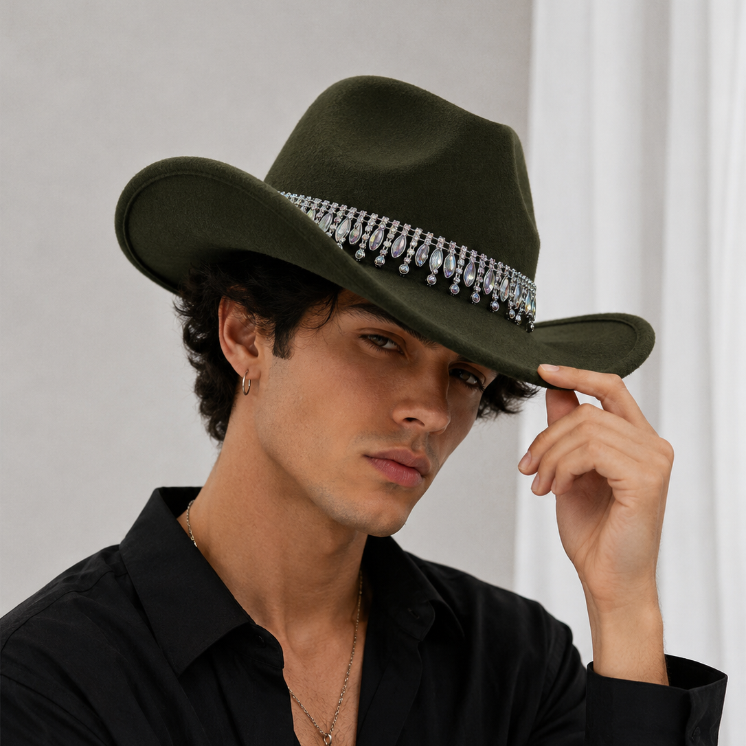 Rhinestone Cowboy Hat - Army Green Western Hat with Iridescent Gemstone Fringe view 2