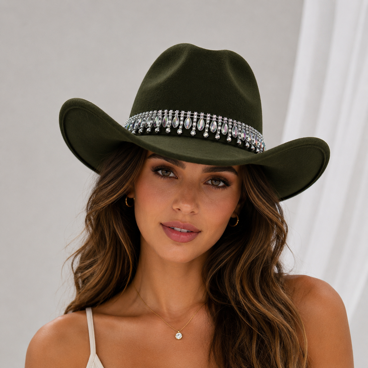 Rhinestone Cowboy Hat - Army Green Western Hat with Iridescent Gemstone Fringe view 3