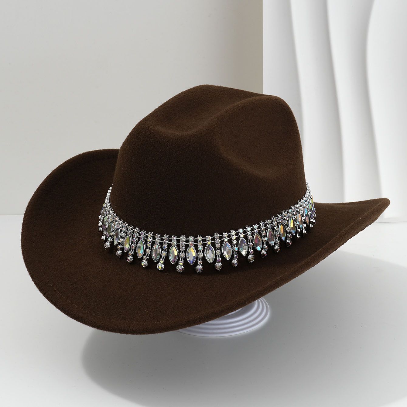Rhinestone Cowboy Hat - Dark Brown Western Hat with Iridescent Gemstone Fringe