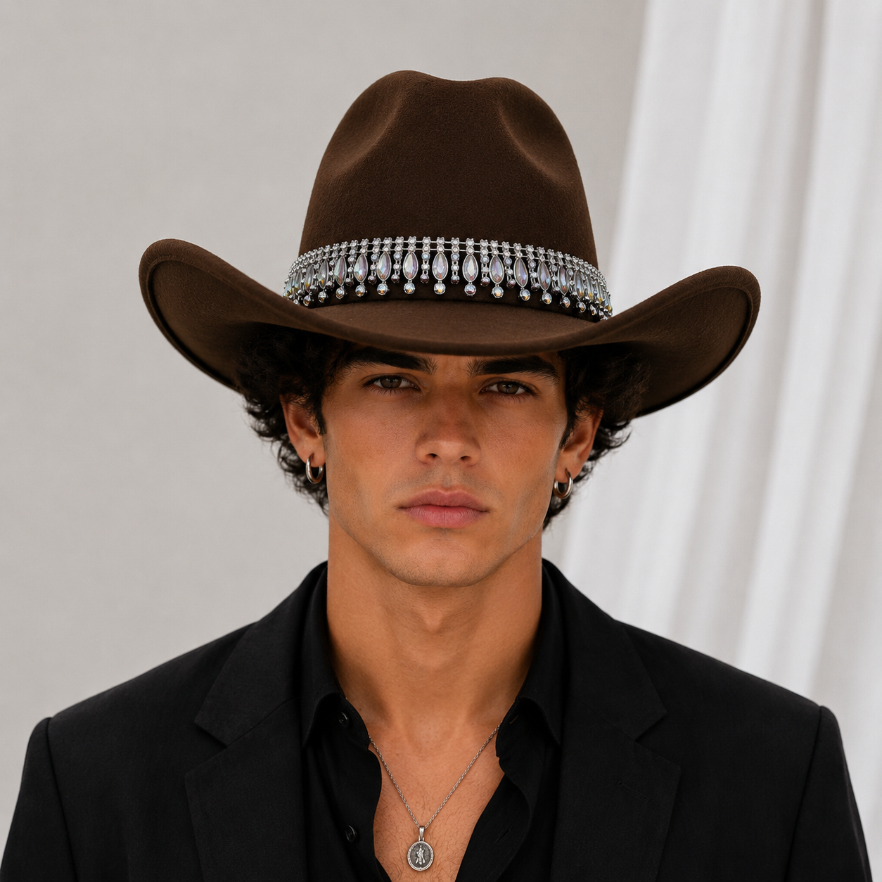 Rhinestone Cowboy Hat - Dark Brown Western Hat with Iridescent Gemstone Fringe view 3