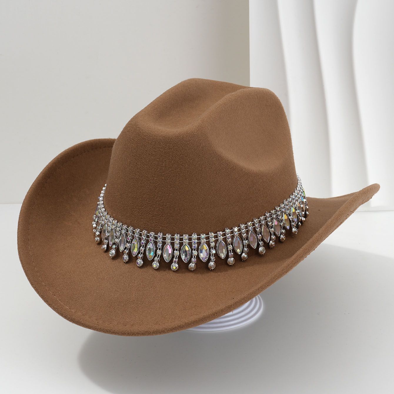 Rhinestone Cowboy Hat - Camel Western Hat with Iridescent Gemstone Fringe Band