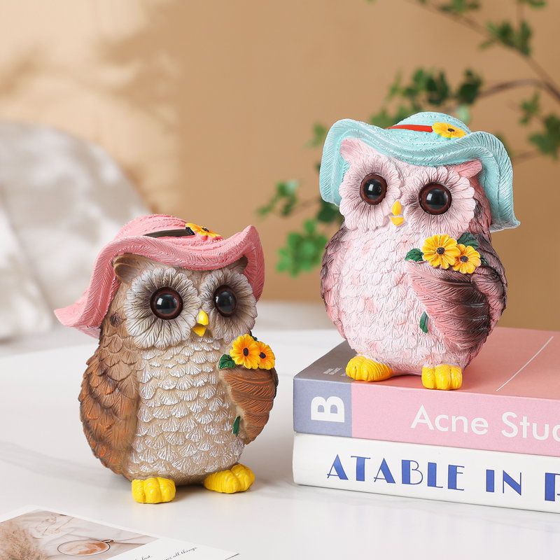 Pink Decorative Owl Figurine - Hand-Painted Resin Owl with Hat and Flower Basket view 2